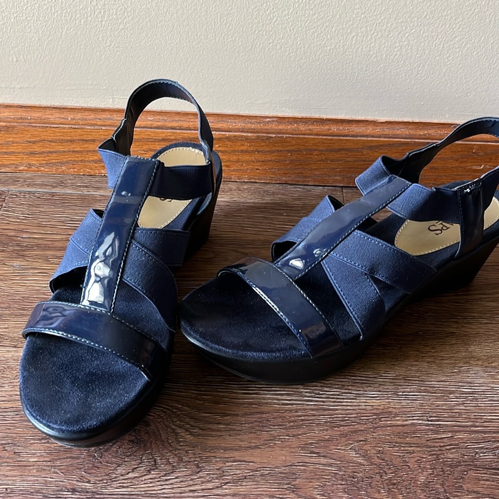 Never blue wedge heels. Worn 1 time.